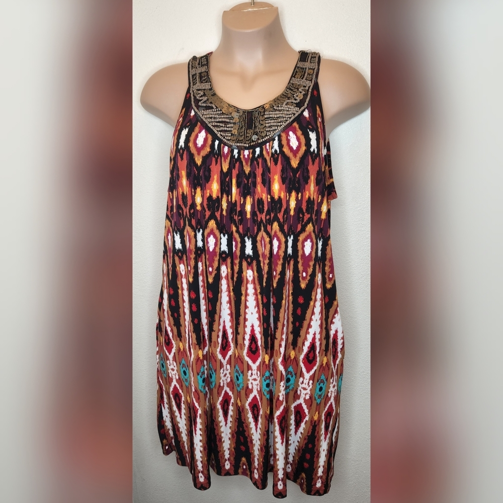 APT 9 Tribal Print Beaded Sequin Neckline A-Line Dress